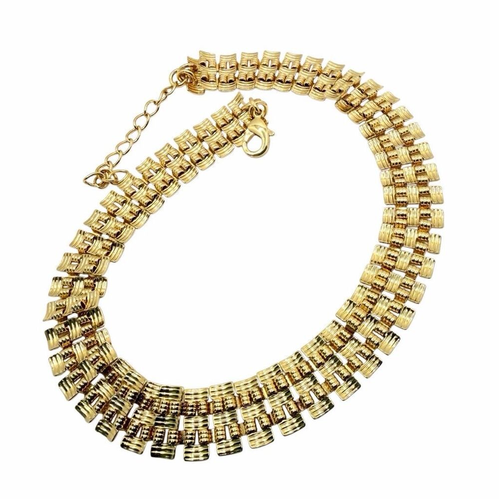 Vintage Gold Tone Basket Weave Bib Collar Statement Necklace - Picture 5 of 7